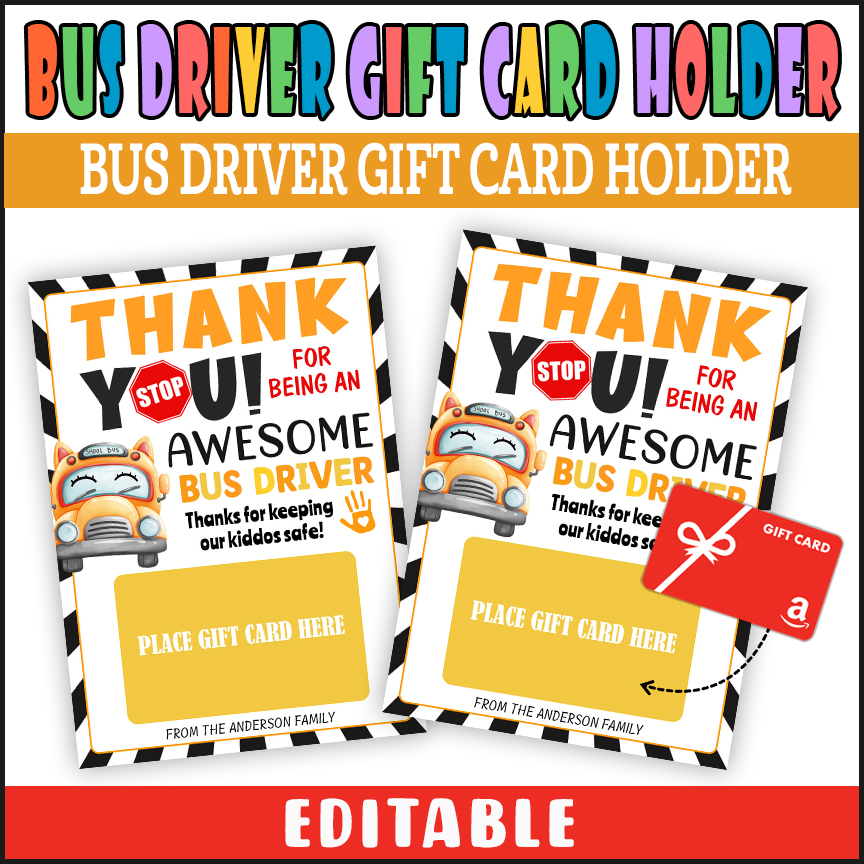 Editable School Bus Driver Appreciation Card, Bus Driver Gift Card Holder