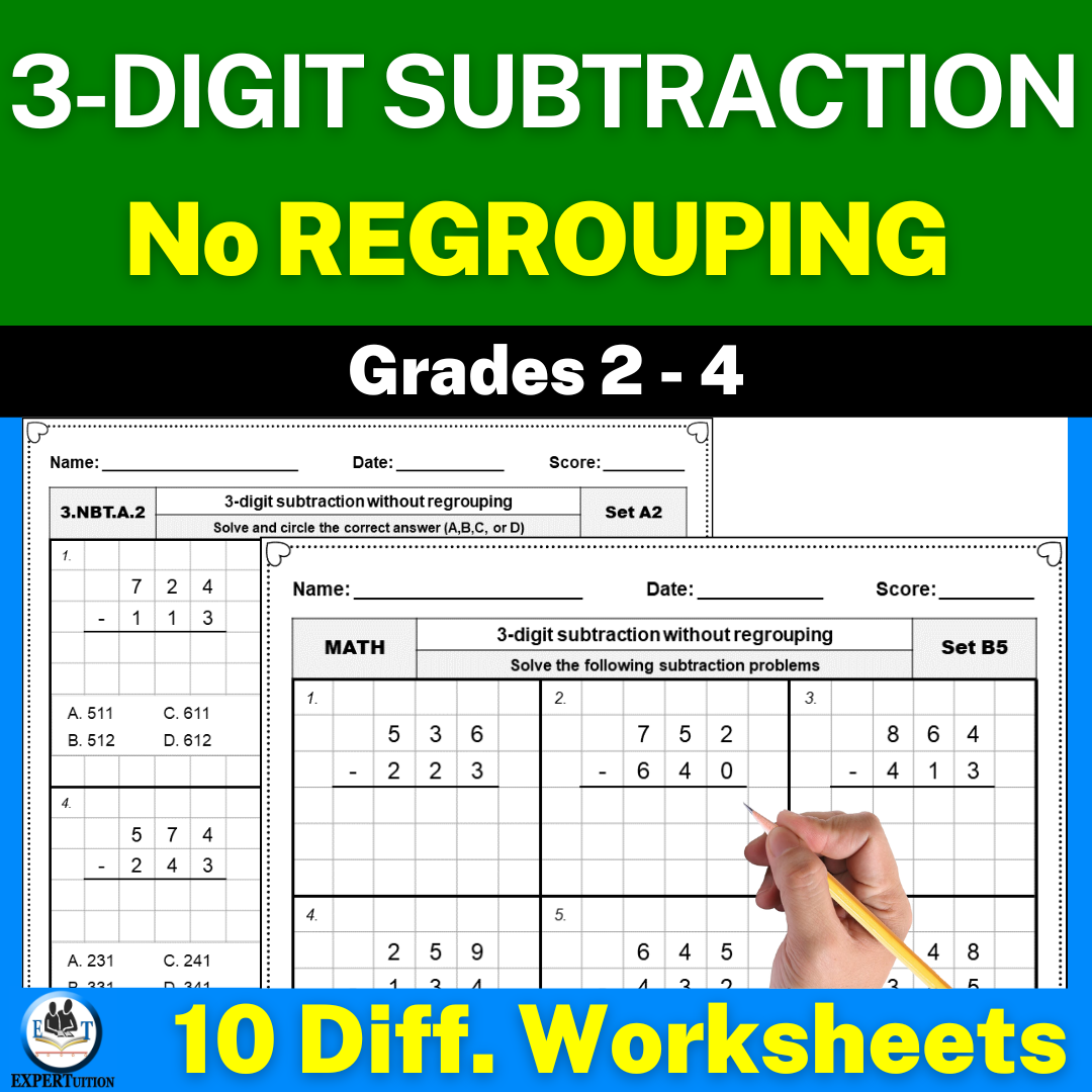 3-Digit Subtraction Without Regrouping Worksheets | Differentiated | Graph Paper