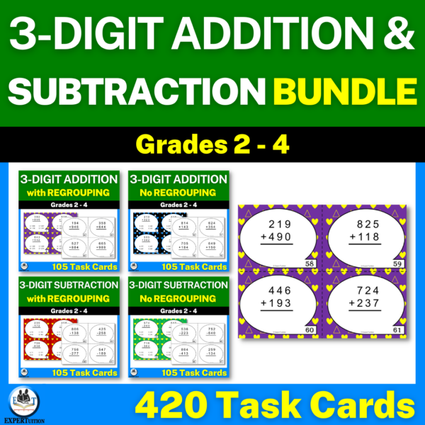 3-Digit Addition and Subtraction With and Without Regrouping Task Cards ...