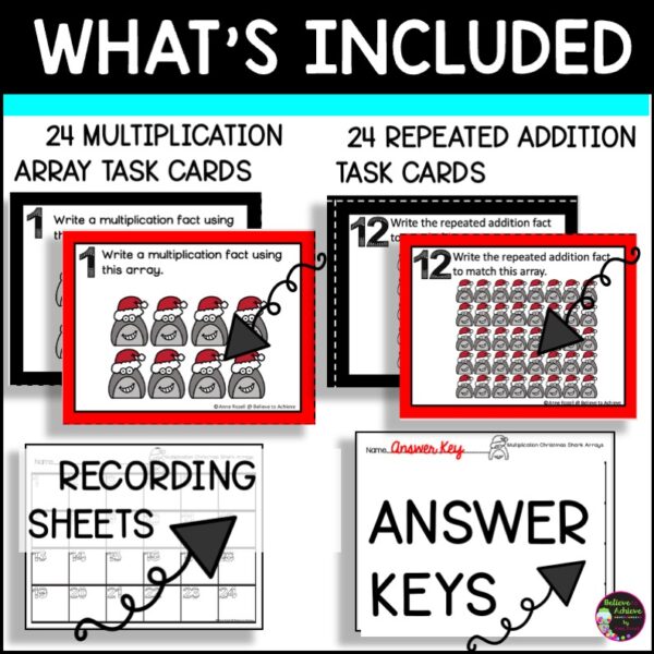 Christmas Differentiated Multiplication Array Task Cards | Shark Math ...