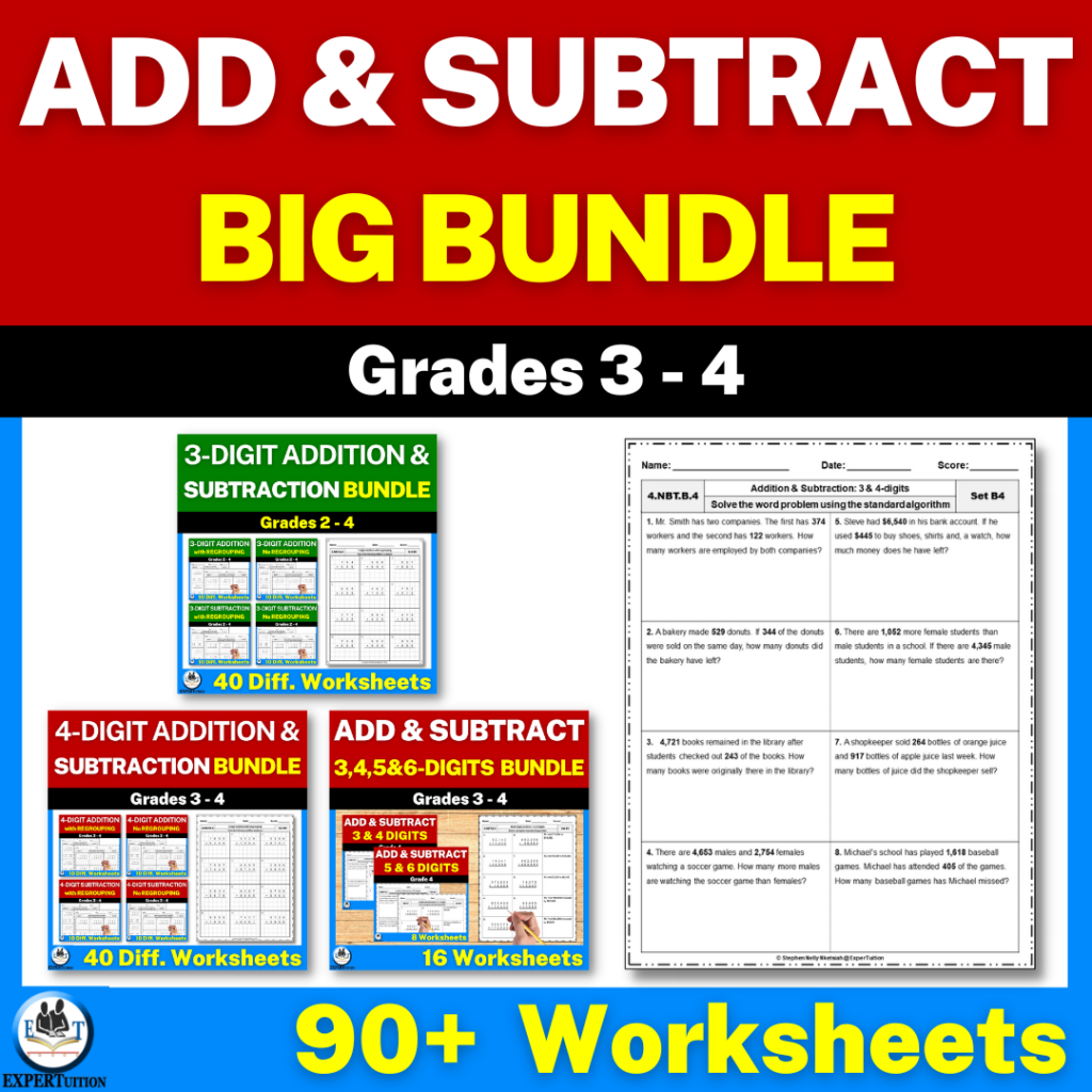 Addition & Subtraction With & Without Regrouping Worksheets Big Bundle ...
