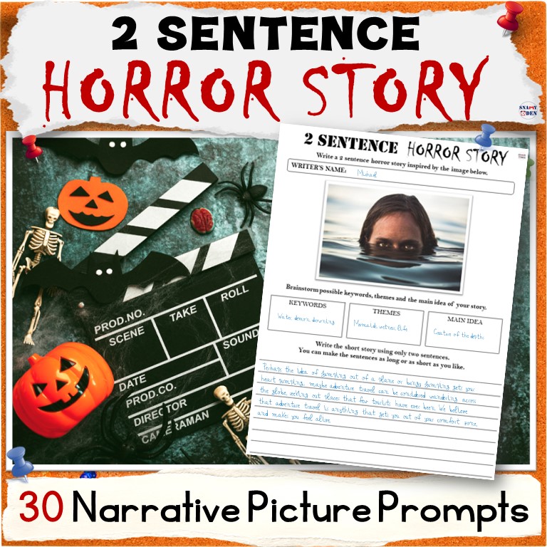 2 Sentence Horror Story Picture Prompts - Halloween Narrative Writing Activity