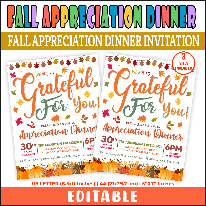 Editable Fall Appreciation Dinner Invitation Template, Give Thanks Invite