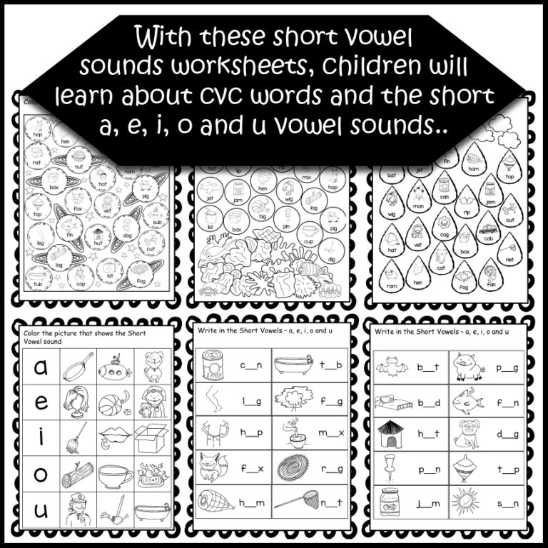 Short Vowel CVC Words Worksheets - Vowel Sounds, Color & Cut and Paste ...