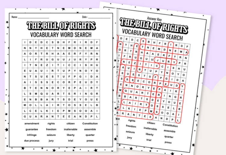 The Constitution for Kids - Bill of Rights Word Search