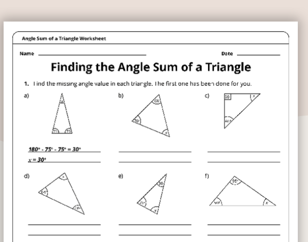 Angle Sum of a Triangle – 6th Grade Math Worksheet