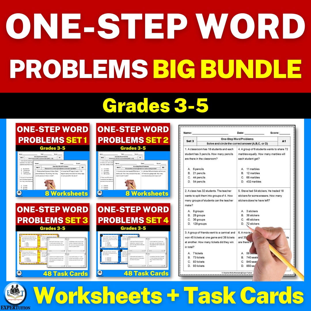 One Step Word Problems Worksheets and Task Cards Bundle