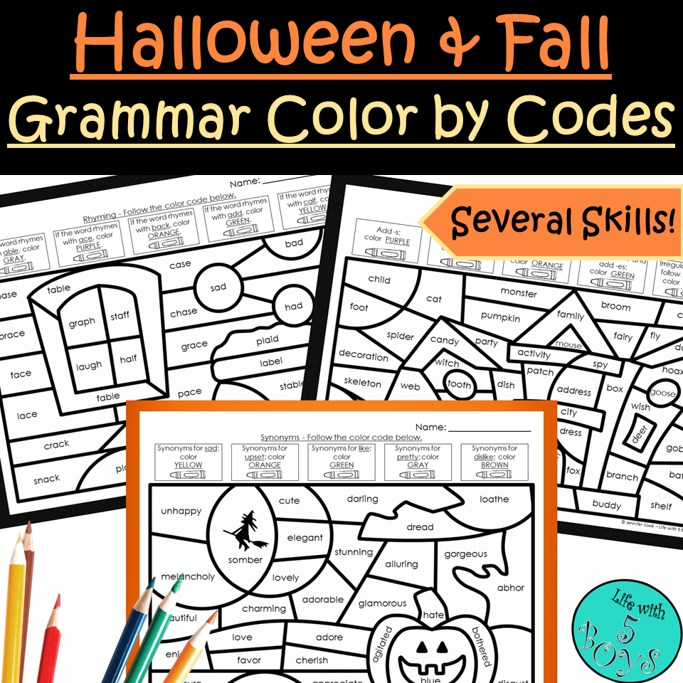 Halloween & Fall-Themed Grammar Skills Review Color by Code Activities