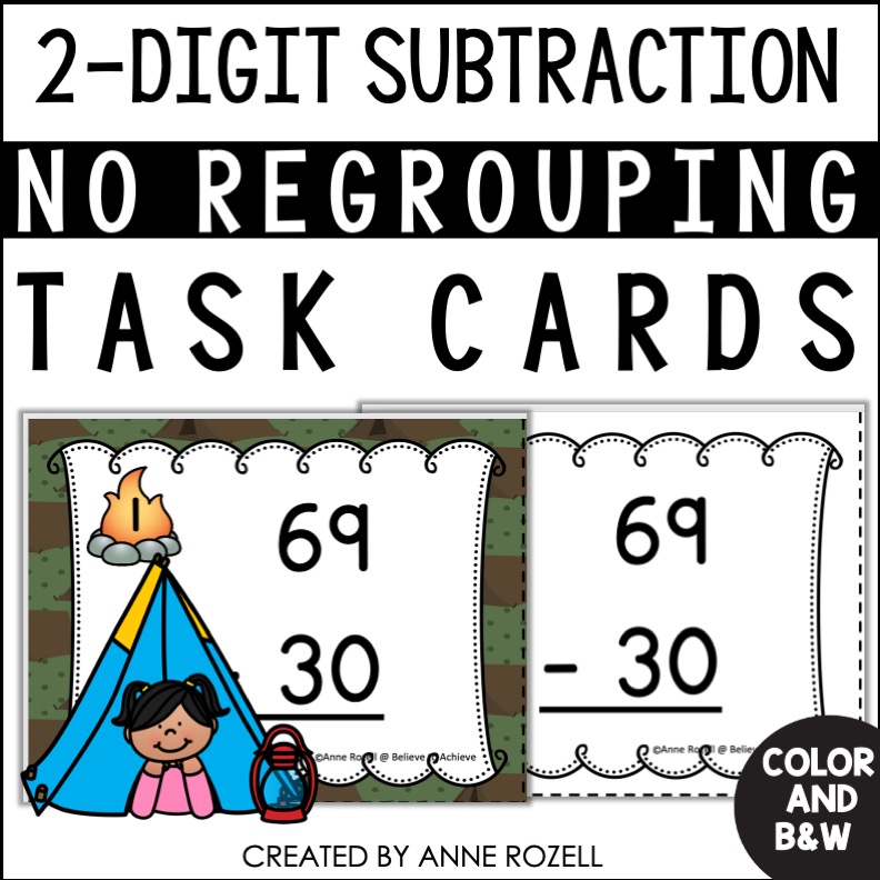 2 Digit Subtraction Without Regrouping Task Cards | Camping Theme