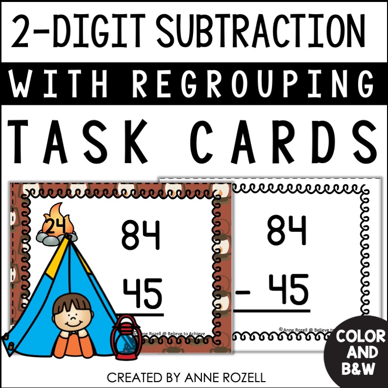 2 Digit Subtraction With Regrouping Task Cards | Camping Theme