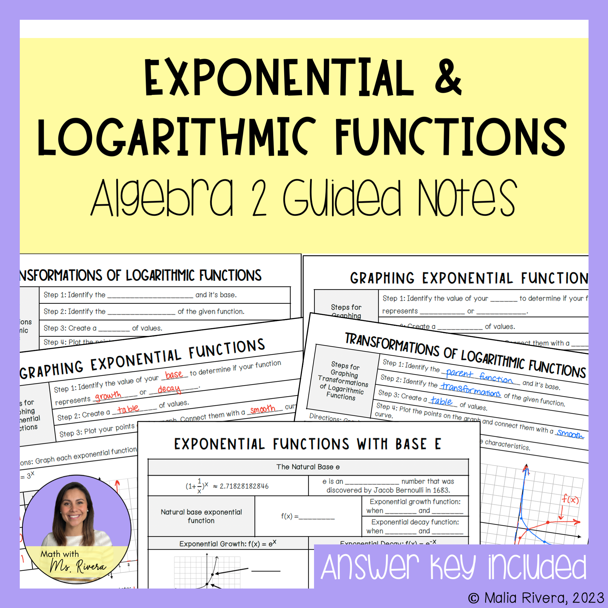 Exponential & Logarithmic Functions Guided Notes Bundle for Algebra 2