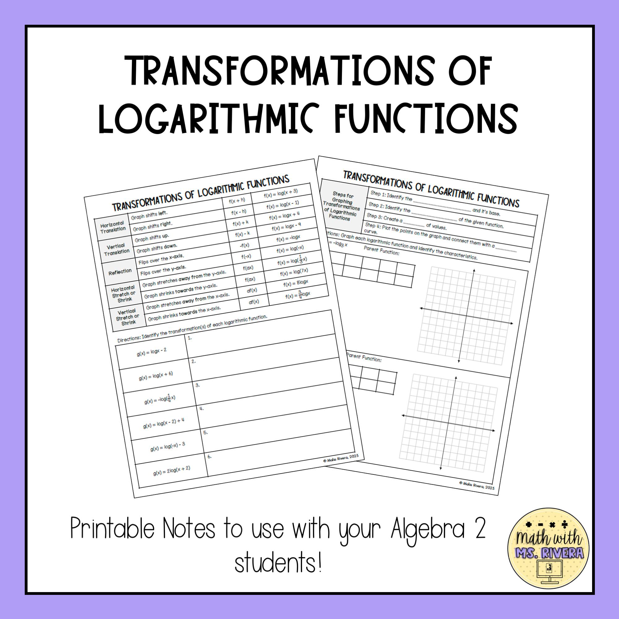 Transformations of Logarithmic Functions Guided Notes for Algebra 2