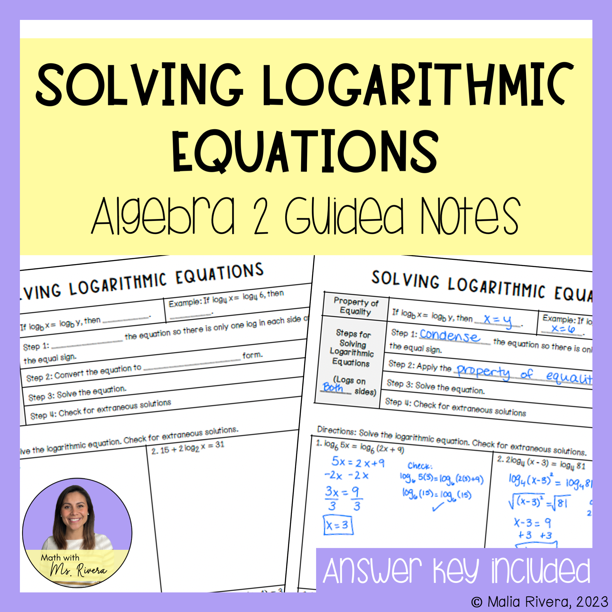 Solving Logarithmic Equations Guided Notes for Algebra 2