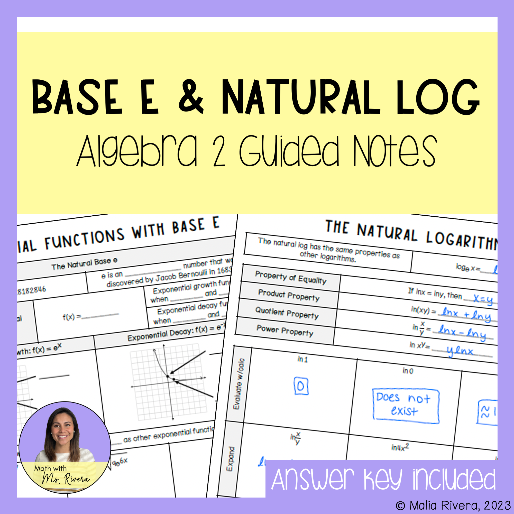 Base e & Natural Logarithm Guided Notes for Algebra 2