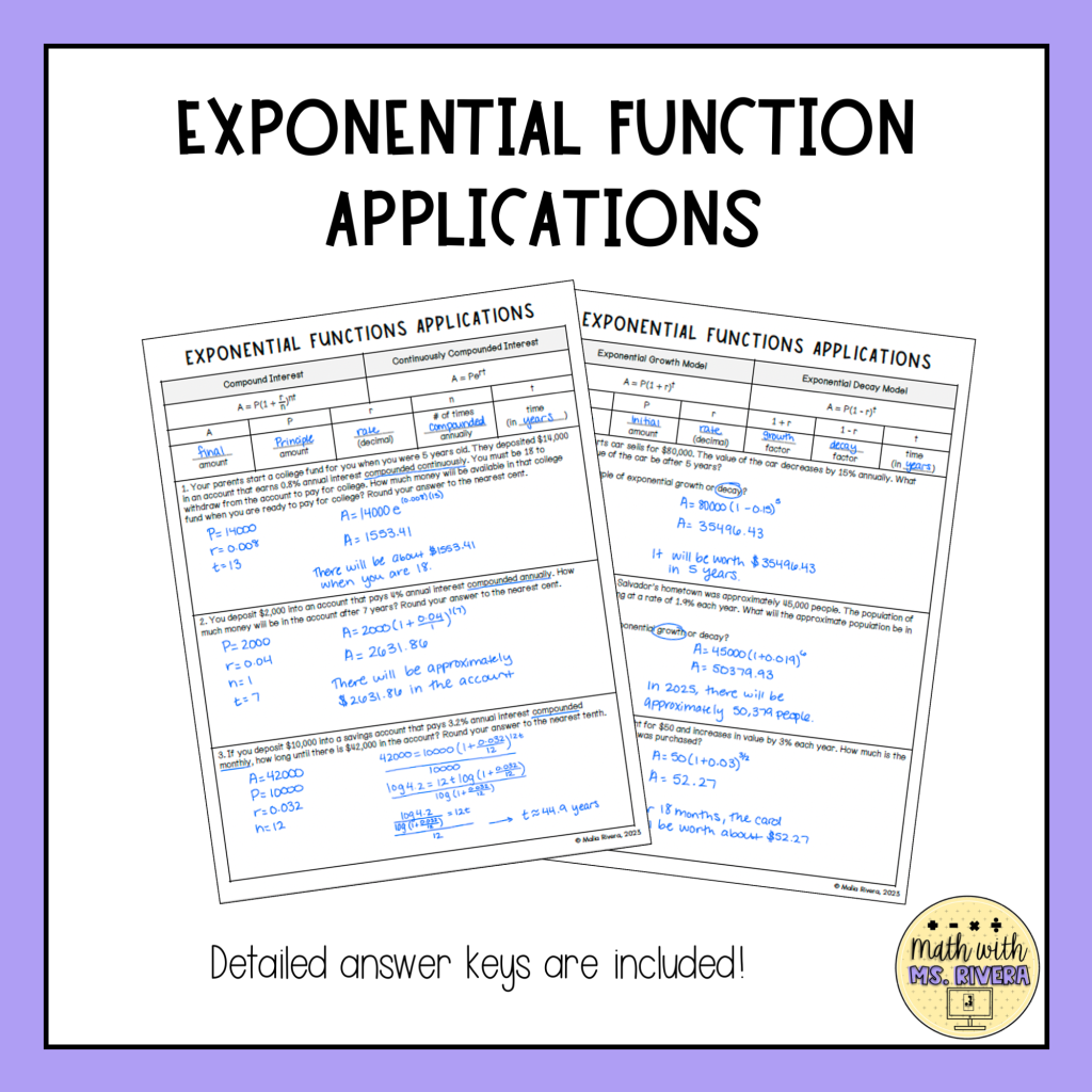 Exponential Function Applications Guided Notes for Algebra 2 | Made By ...