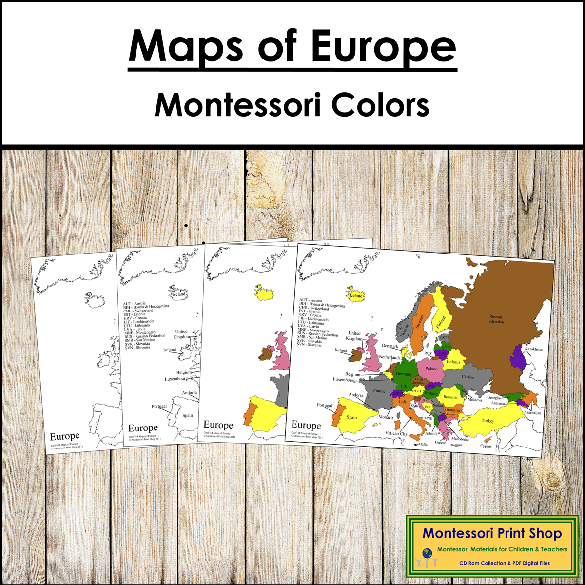 Maps of Europe (Color & Blackline Masters) - Montessori color-code