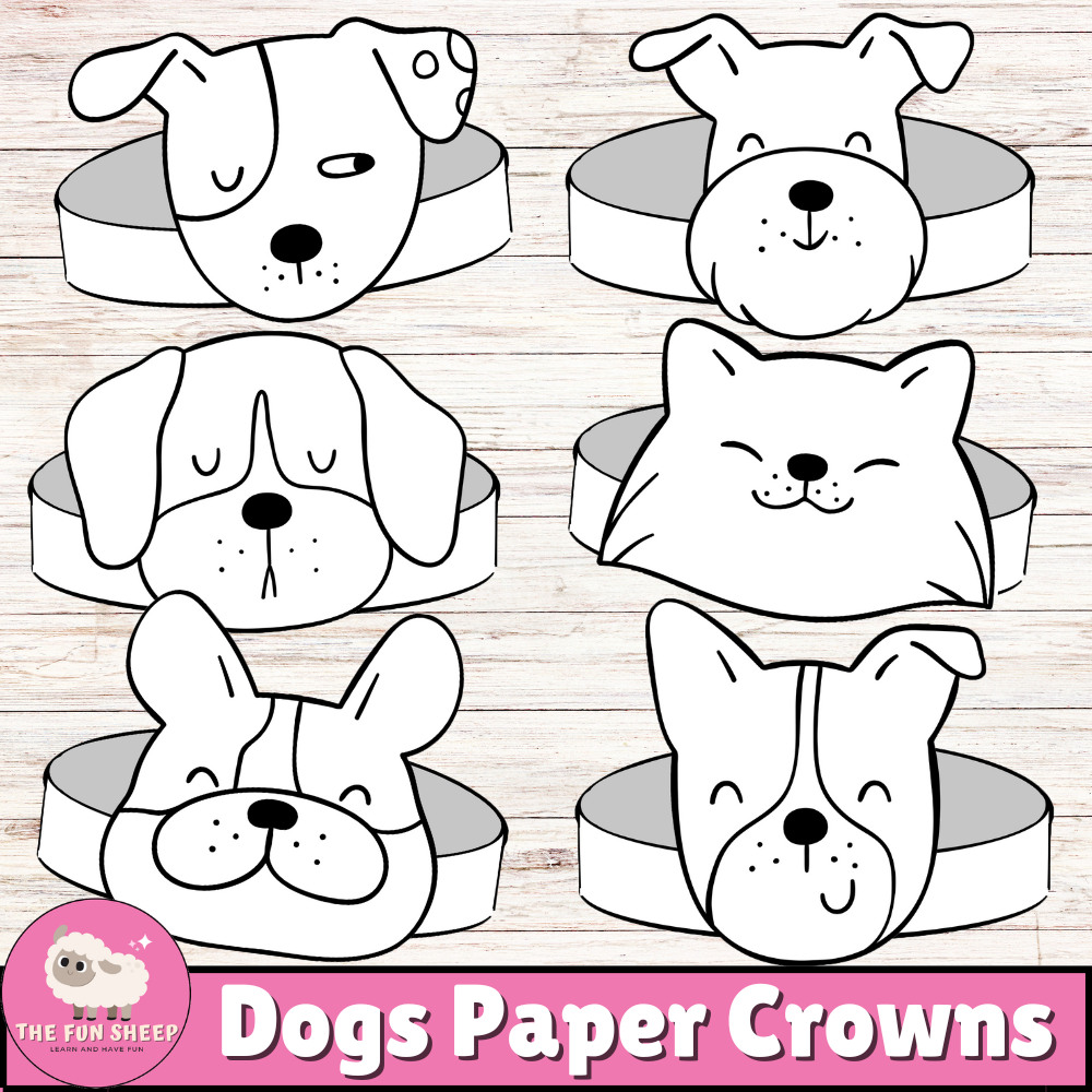 Dogs Paper Crowns | Dog Party Hats Printable for kids - Puppy Coloring Crowns Activity