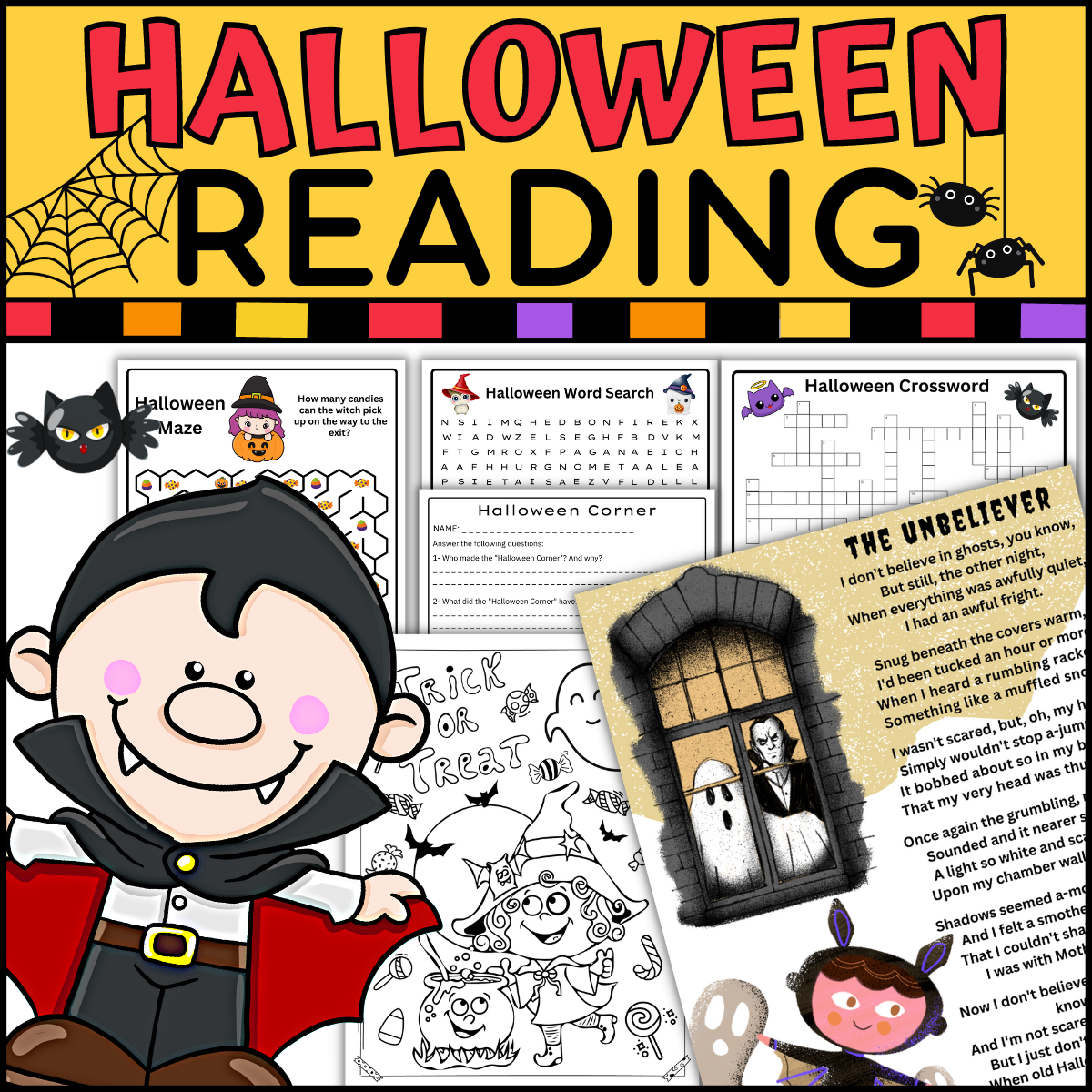 Halloween Reading Comprehension Passages Activities, Word Search& Coloring Pages