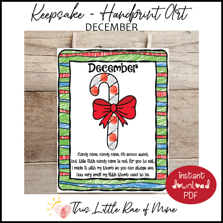 December - candy cane - handprint Art - Keepsake - Printable - Memory book page