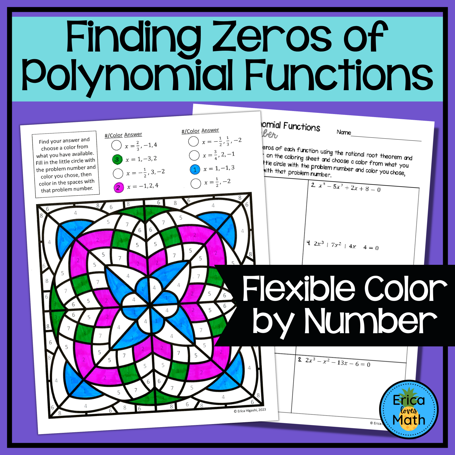 Finding Rational Zeros of Polynomial Functions Color by Number Activity