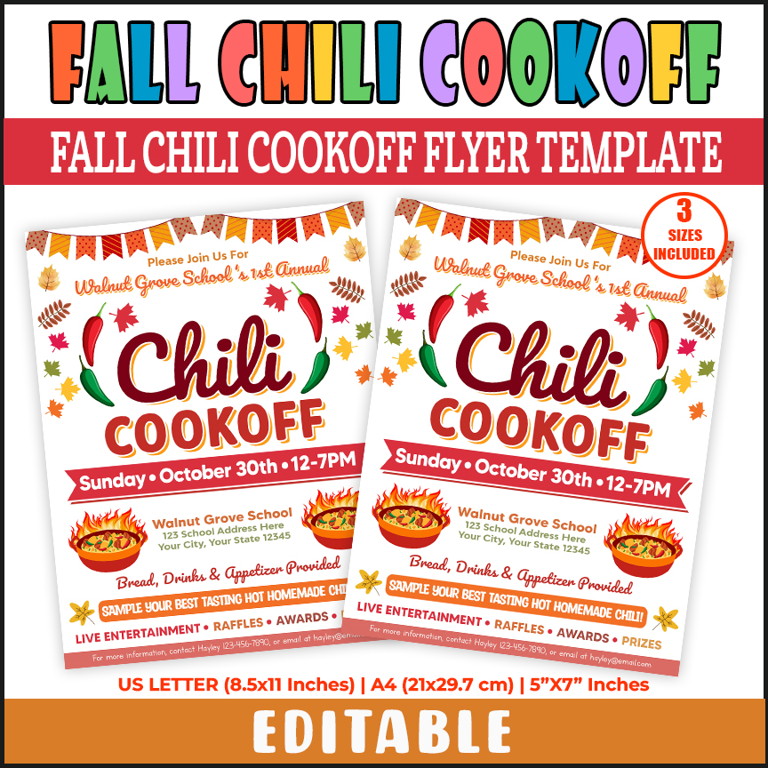 DIY Fall Autumn Chili Cook Off Flyer, Autumn Chili Competition Template