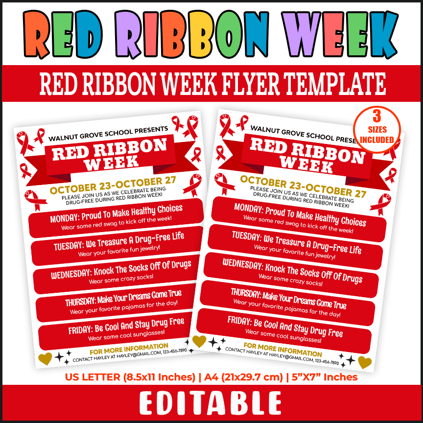 DIY Red Ribbon Week Itinerary Flyer Template, School Drug Free Spirit Week Schedule Poster