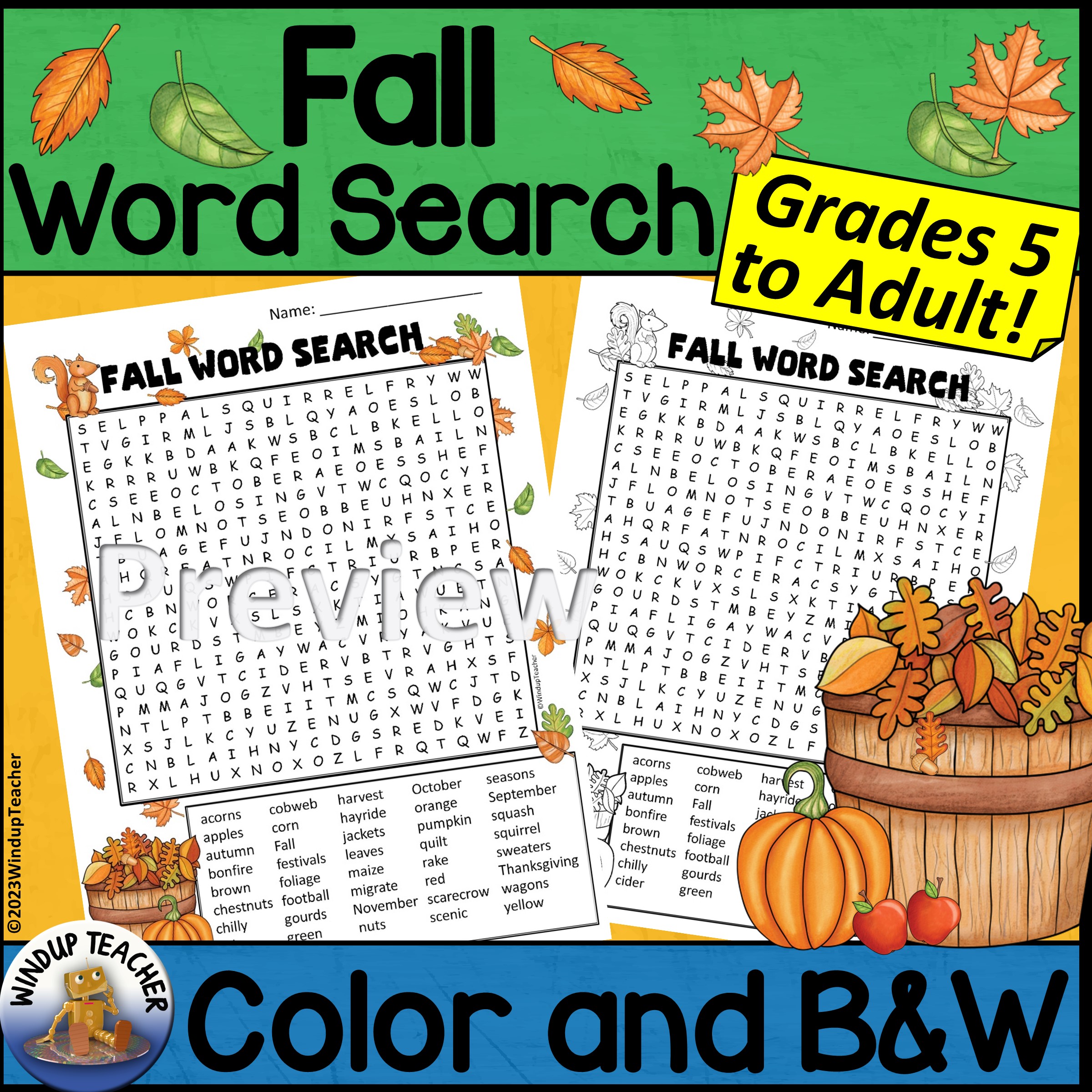 Fall Word Search Activity Printable Hard for Grades 5 to Adult