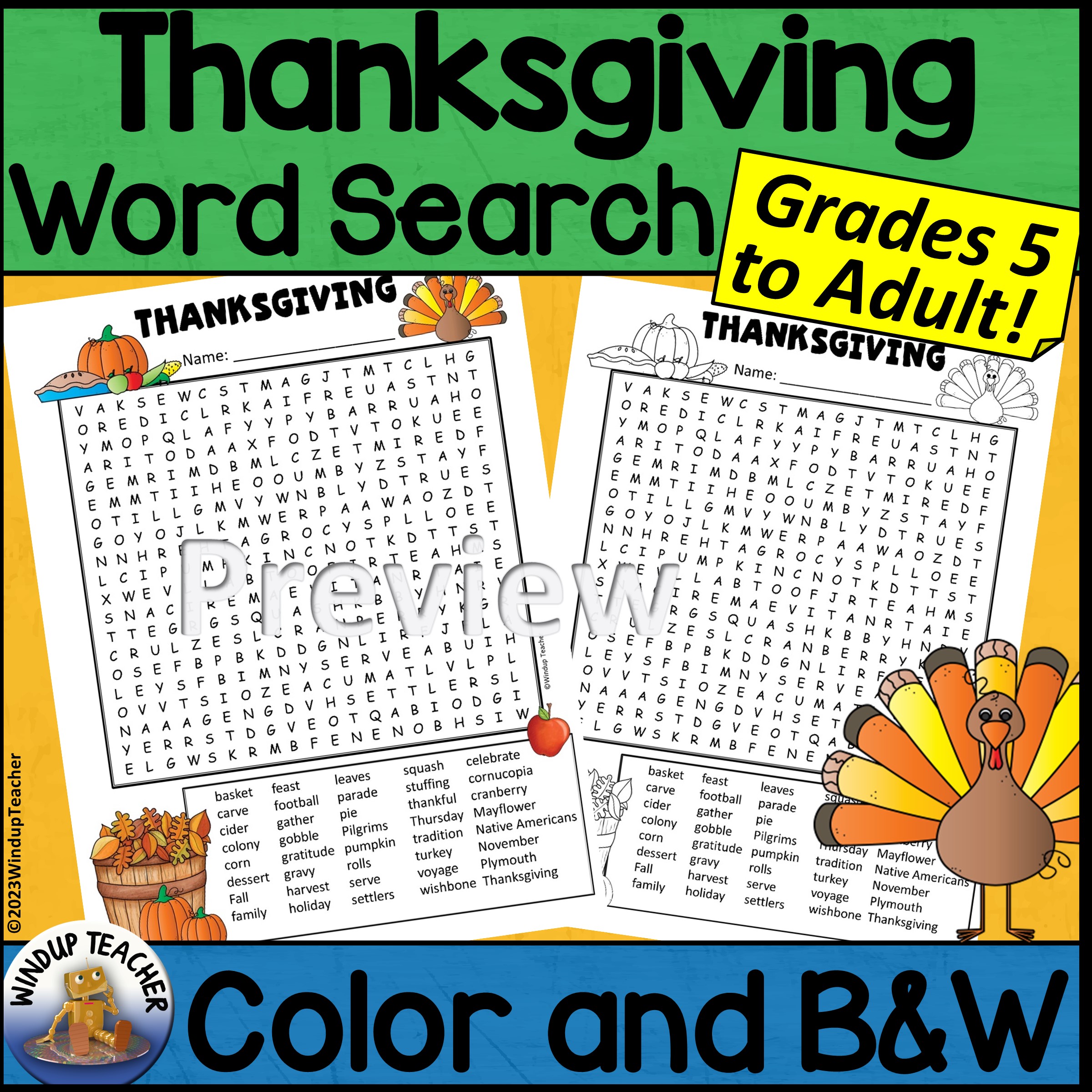 Thanksgiving Word Search Activity Hard for Grades 5 to Adult
