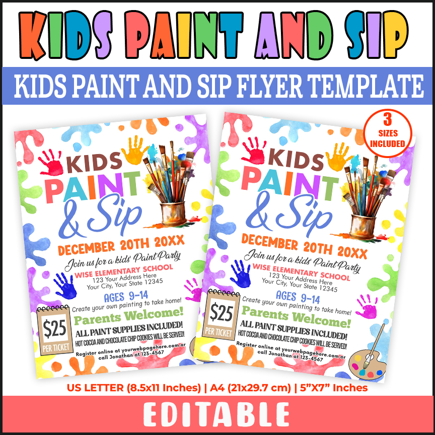 Customizable Kids Paint and Sip Flyer, Kids Paint Party Event Invitation Template