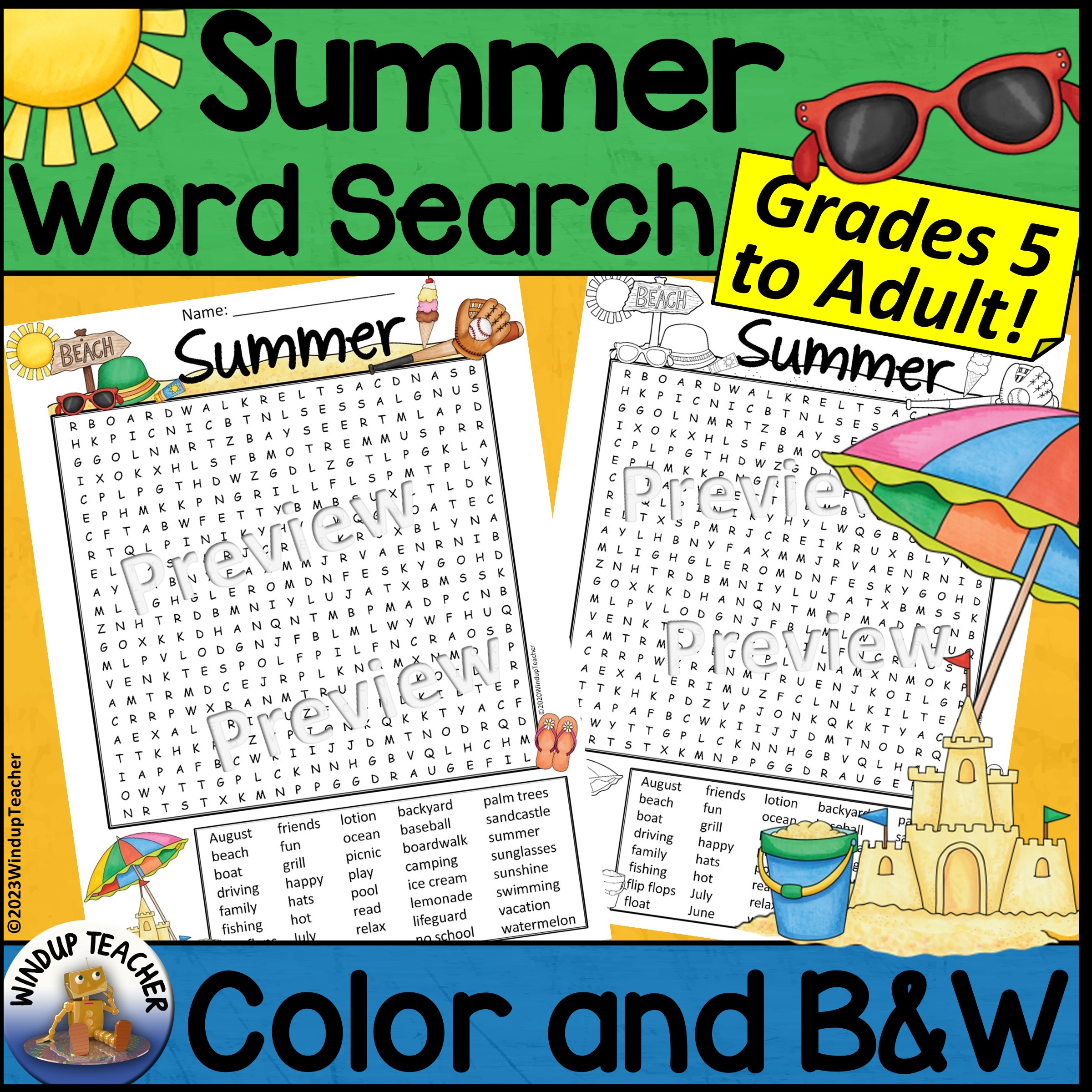 Summer Word Search Activity Printable Hard for Grades 5 to Adult