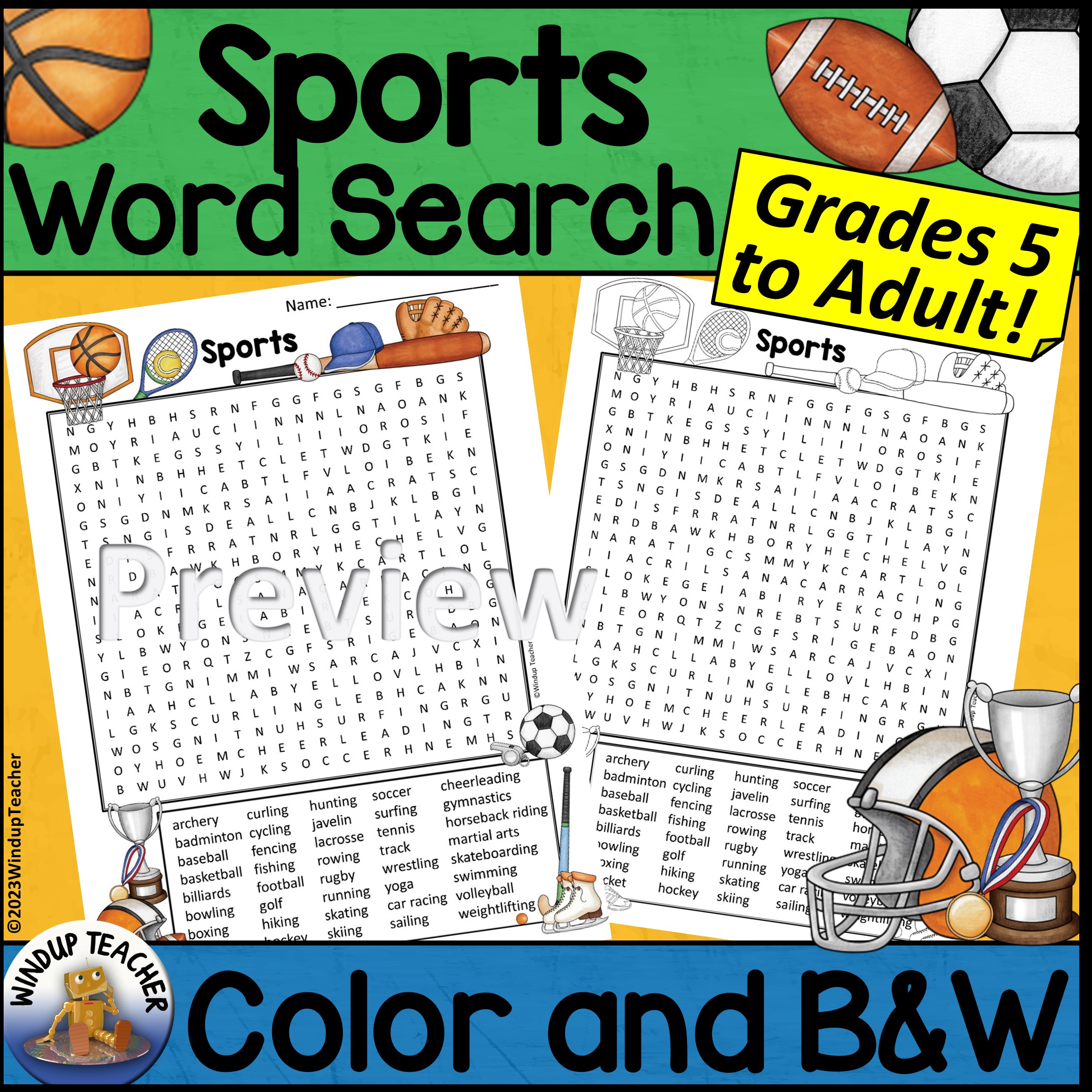 Sports Word Search Activity Hard for Grades 5 to Adult