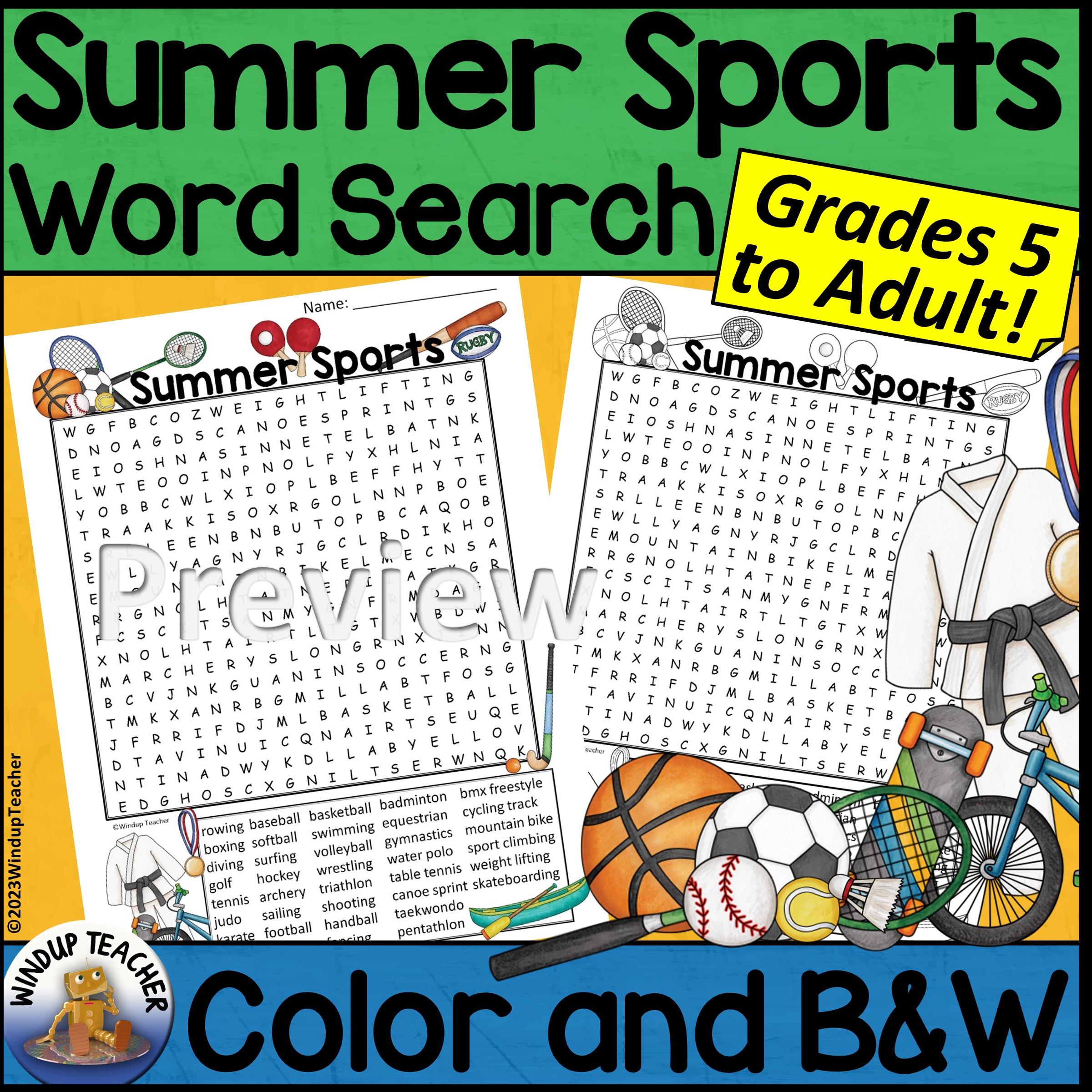 Summer Sports Word Search Activity Hard for Grades 5 to Adult