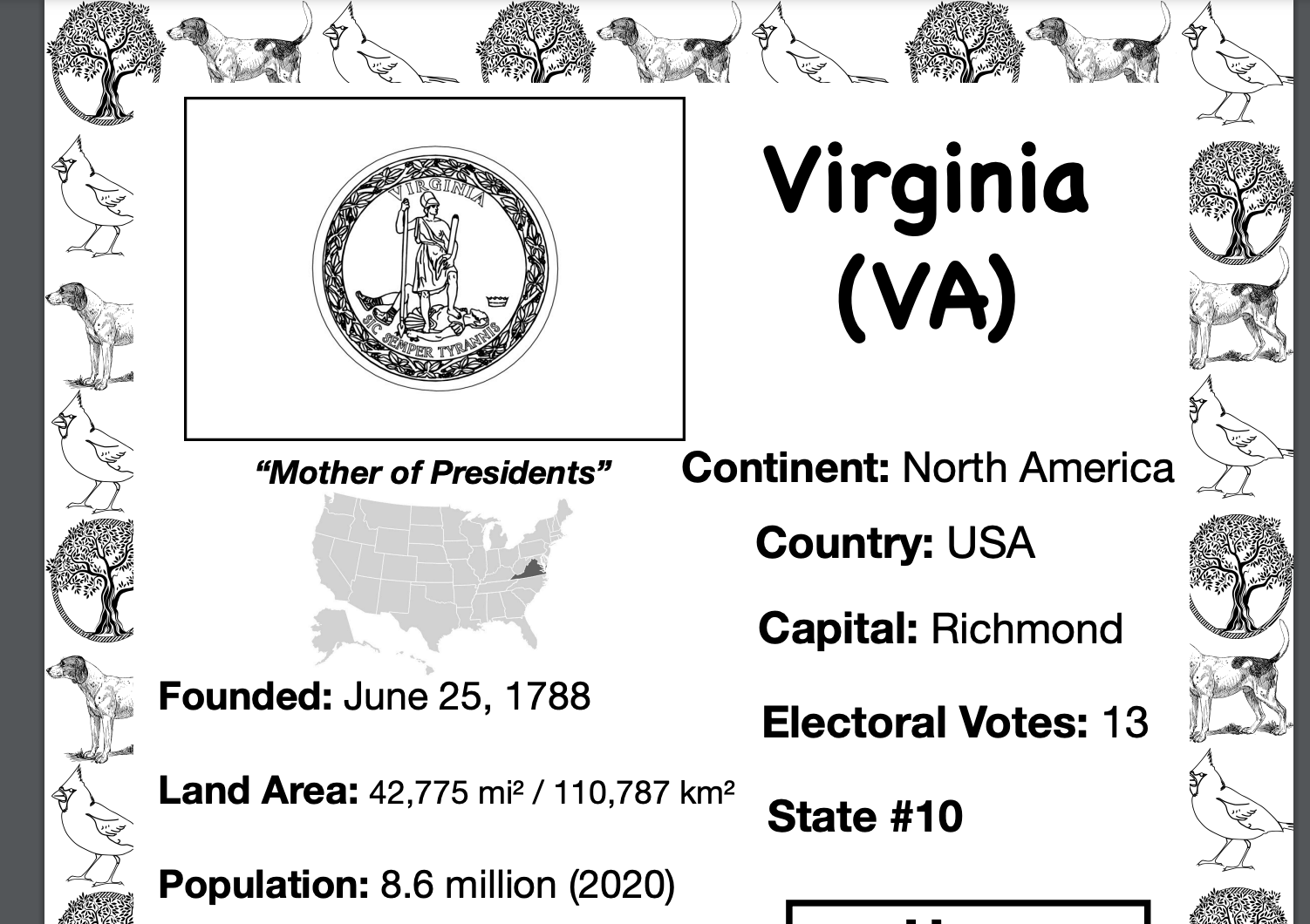 VIRGINIA, USA, Travel the World Worksheet