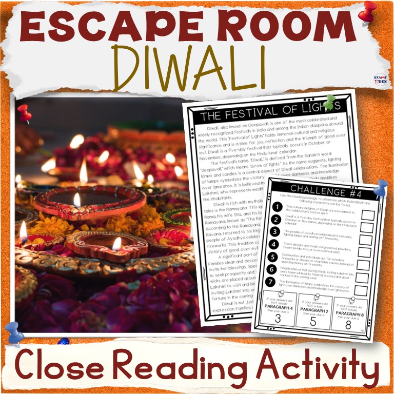 Diwali Escape Room Close Reading Passage Activity - Print and Digital