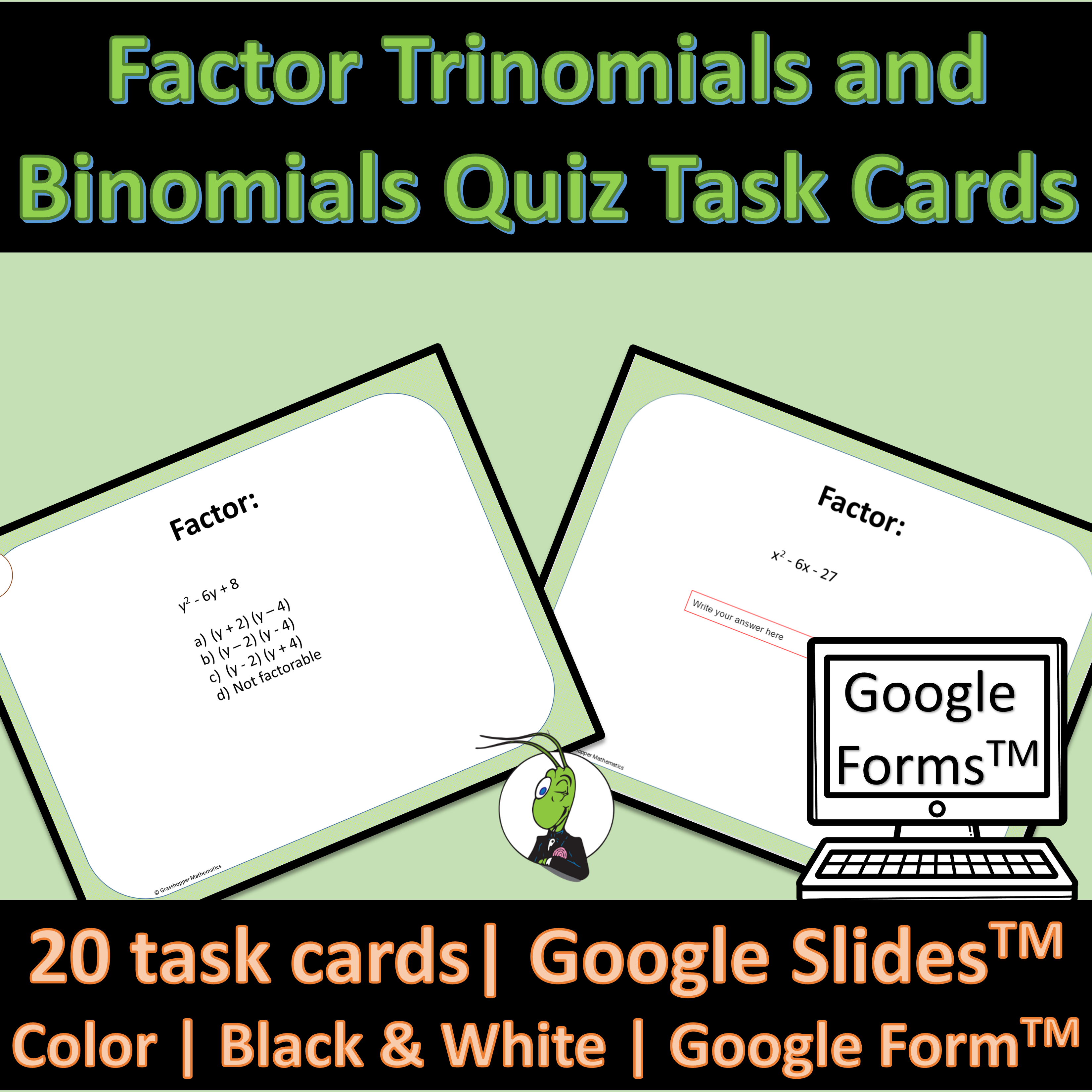 Factor Trinomials Quiz Google Forms, Slides and Printable Task Cards Algebra 1