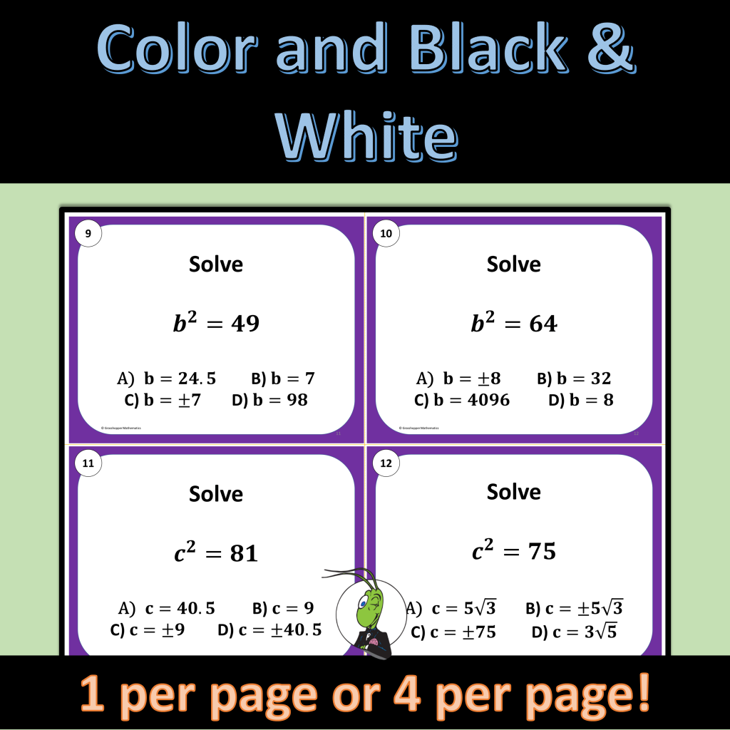 Solving Quadratic Equations Using Square Root Algebra 1 Task Cards ...