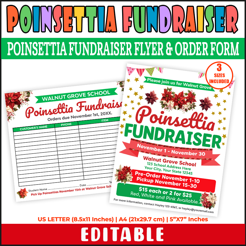 Editable Poinsettia Fundraiser Flyer and Order Form, Holiday Plant Flower Fundraiser Sale