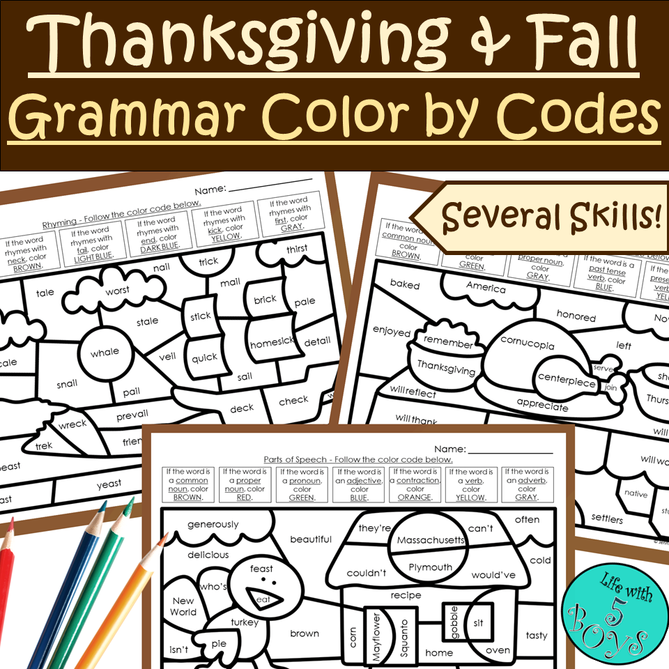 Thanksgiving & Fall Grammar Skills Review Color by Code Activities
