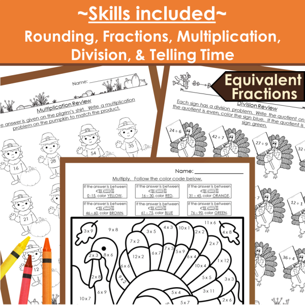 3rd Grade Math Skills Review - Thanksgiving Practice & Color by Code ...