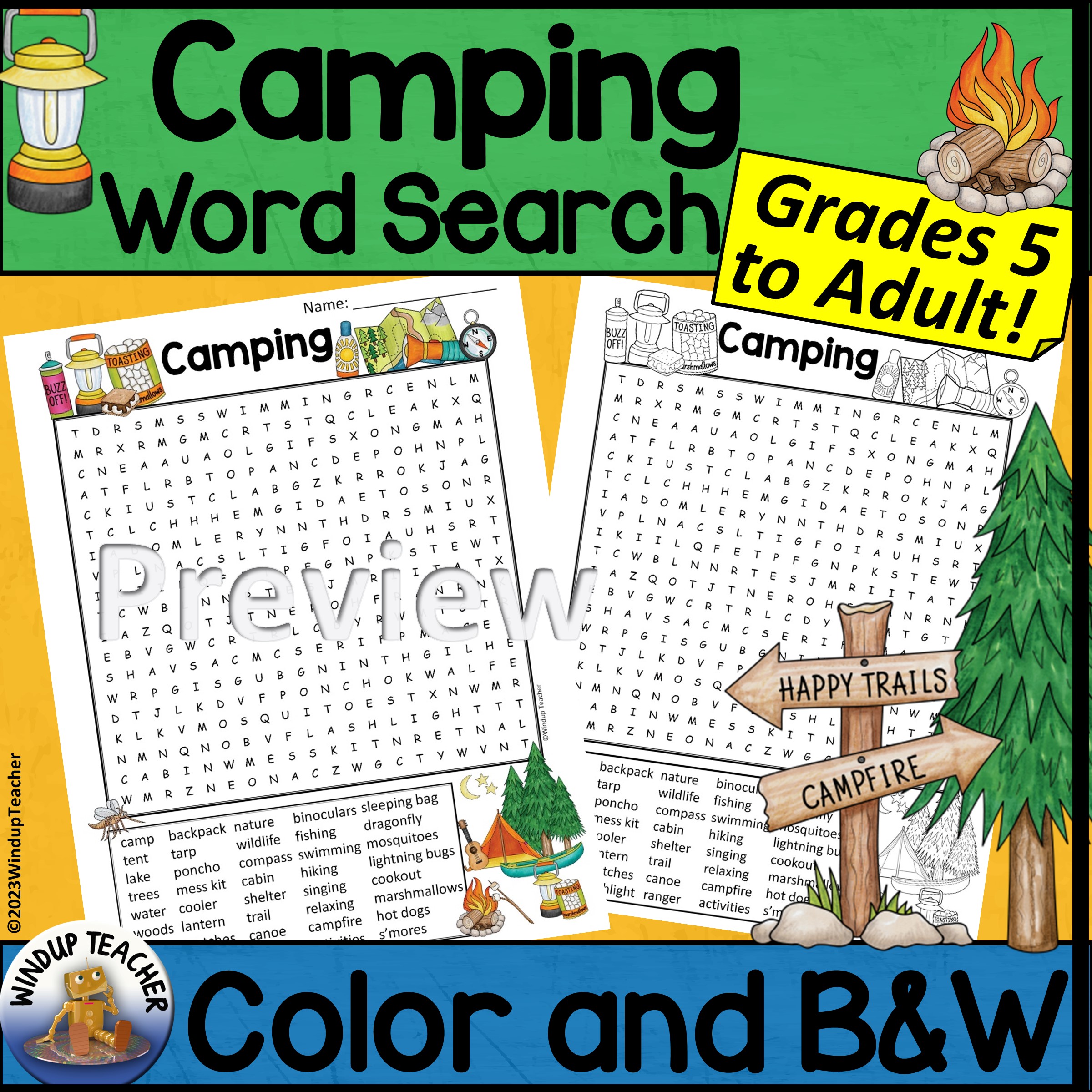 Camping Word Search Activity Printable Hard for Grades 5 to Adult