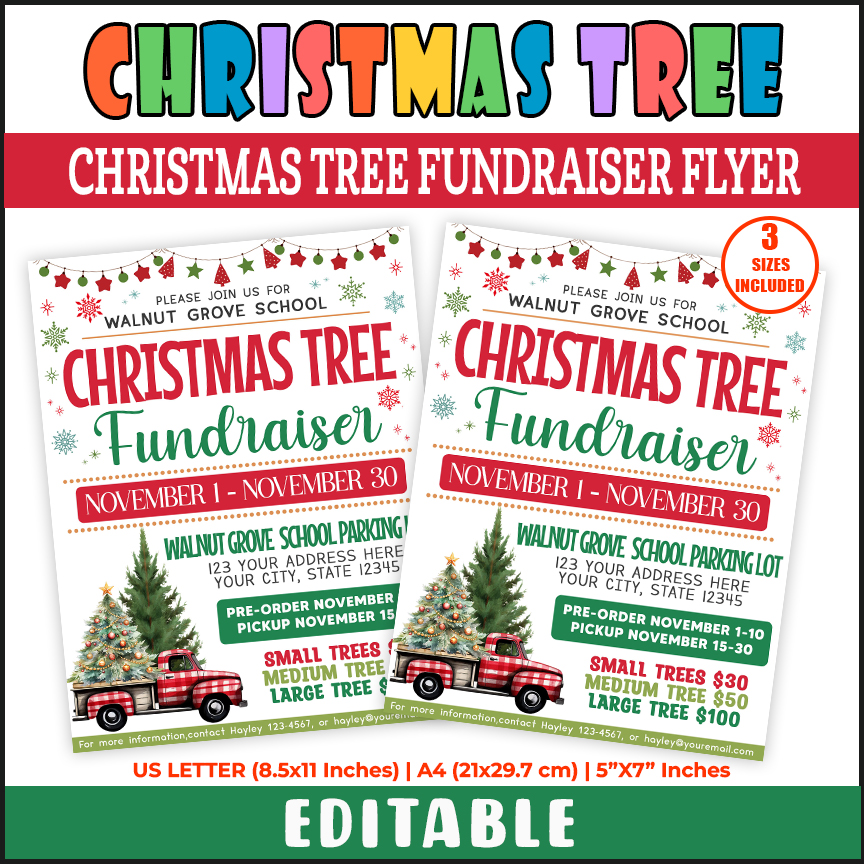 DIY Christmas Tree Fundraiser Flyer, Holiday Christmas Sale Poster Template