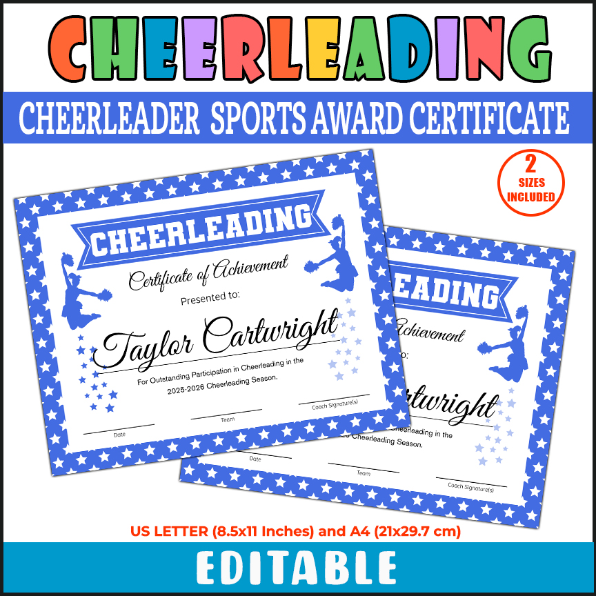 Editable Cheerleader Certificate Royal Blue, Cheer Sports Award Template
