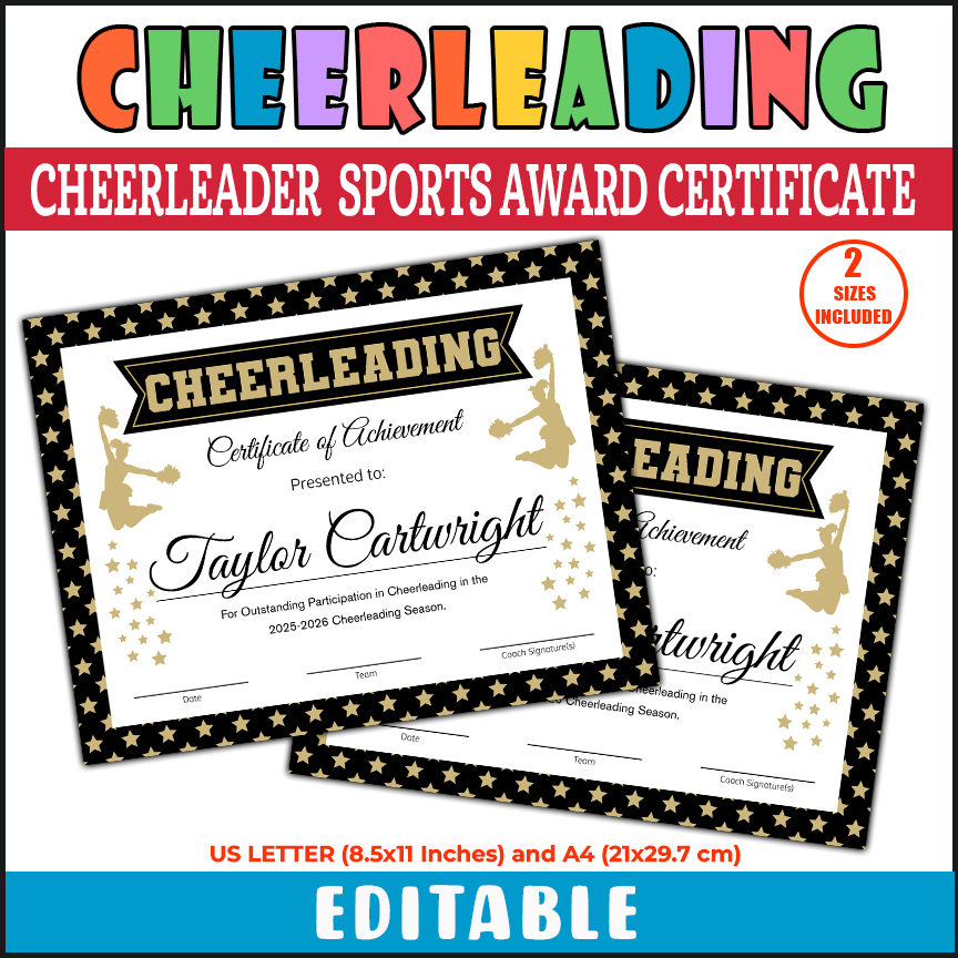 Customizable Cheerleading Certificate Gold and Black, Cheerleader Sports Award