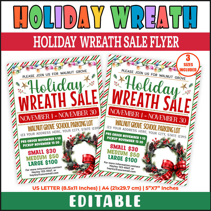 Customizable Holiday Wreath Sale Flyer, Fundraiser Sale Charity Poster Template