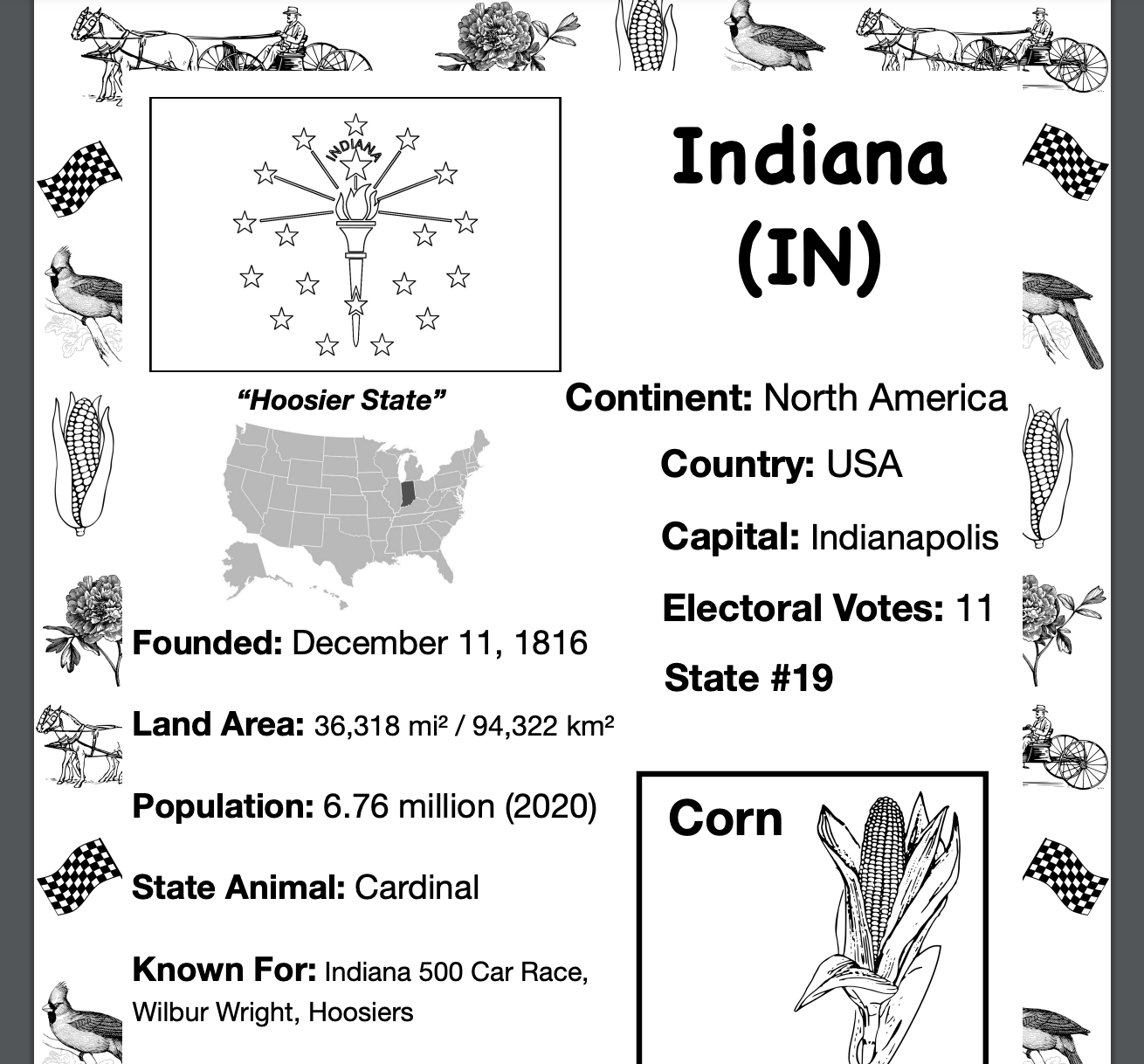 INDIANA, USA, Travel the World Worksheet