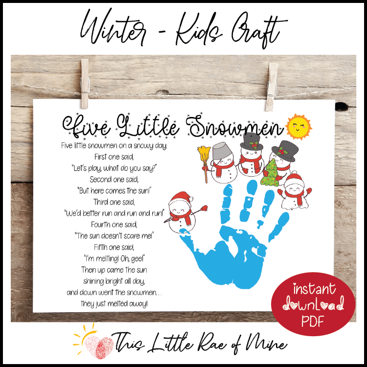 Five Little Snowmen - Christmas - Snow Day - Poem - handprint Art - printable
