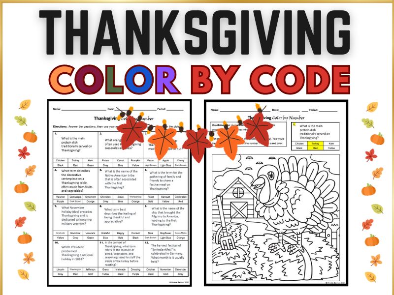 Thanksgiving color by number code - fun activity for middle to highschool