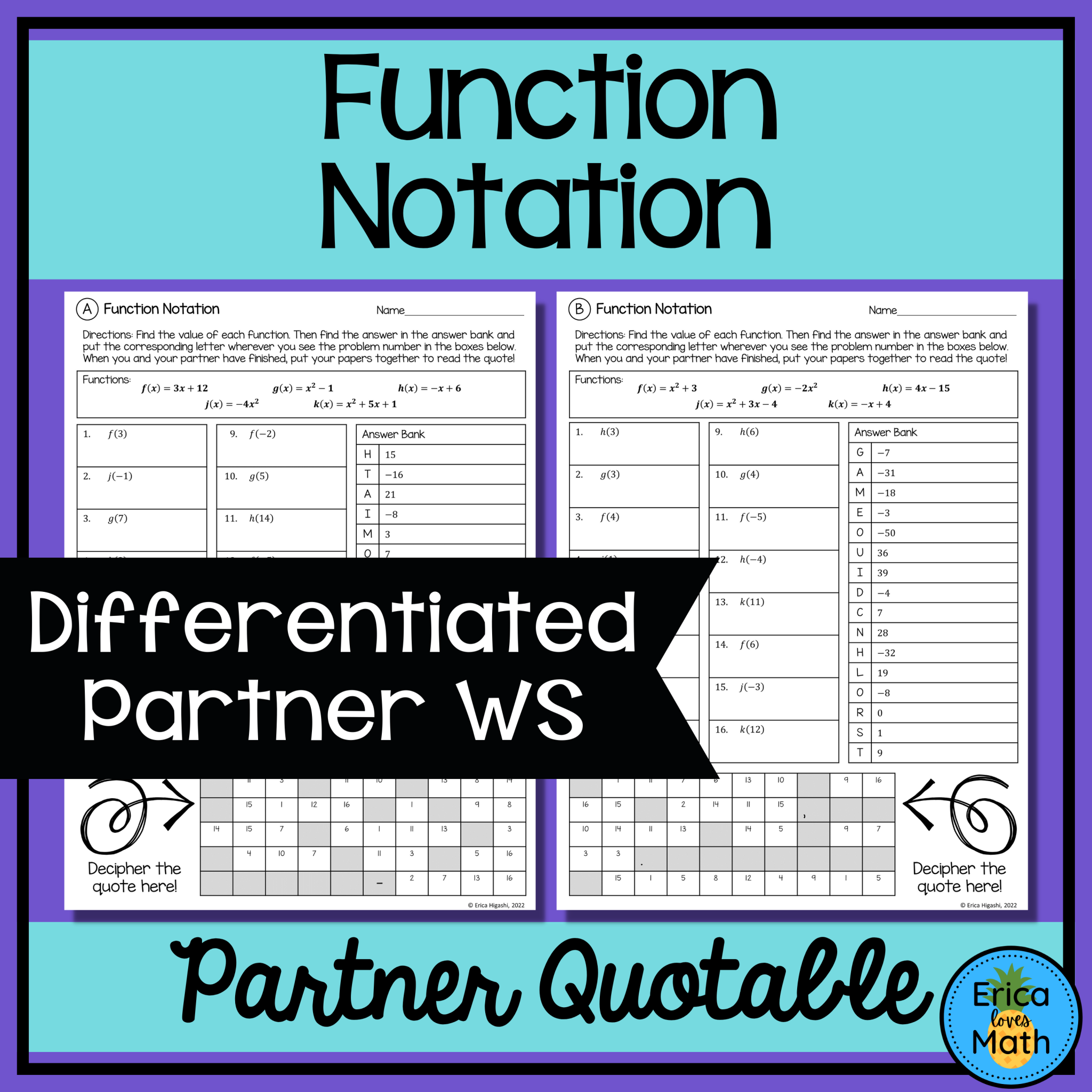 Partner worksheets on function notation