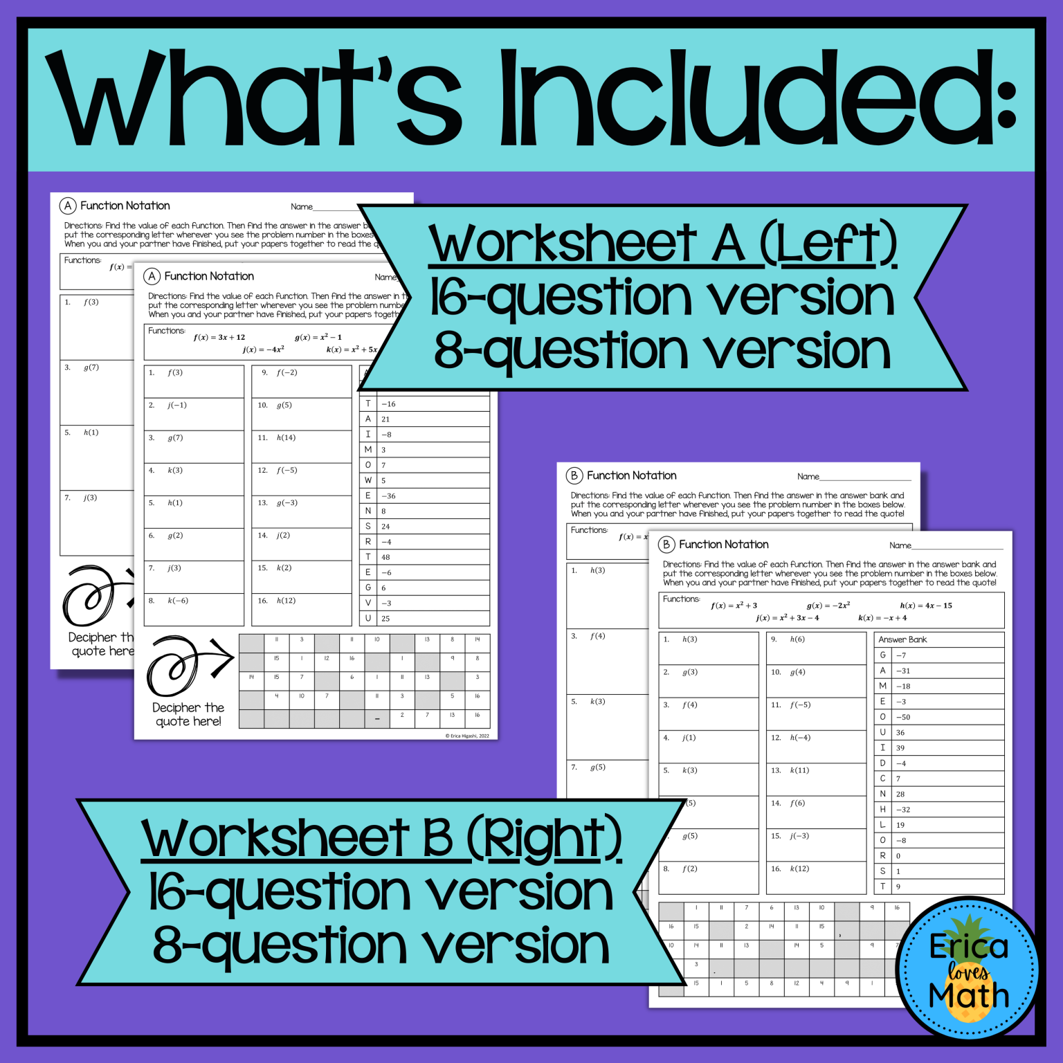 Function Notation Differentiated Partner Worksheets Quotable - Made By ...