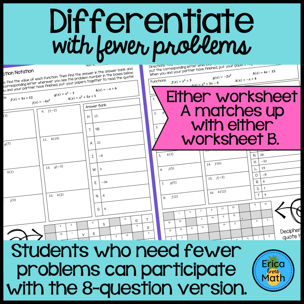 Function Notation Differentiated Partner Worksheets Quotable - Made By ...